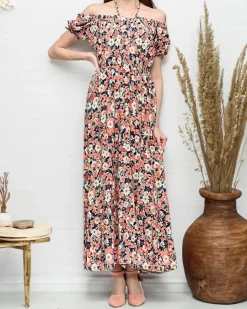 Długa letnia granatowa sukienka damska w koralowe kwiaty- Odzież