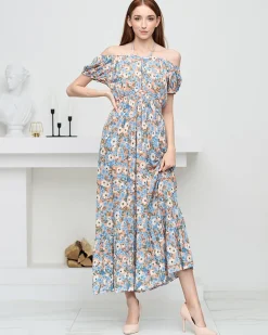 Długa letnia pomarańczowa sukienka damska w niebieskie kwiaty- Odzież