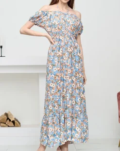 Długa letnia pomarańczowa sukienka damska w niebieskie kwiaty- Odzież