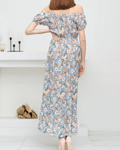 Długa letnia pomarańczowa sukienka damska w niebieskie kwiaty- Odzież