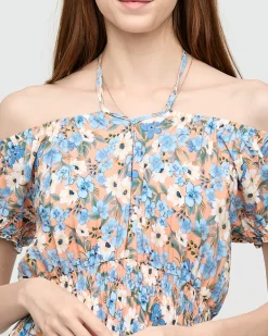 Długa letnia pomarańczowa sukienka damska w niebieskie kwiaty- Odzież