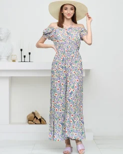 Długa letnia zielona sukienka damska w fioletowe kwiaty- Odzież