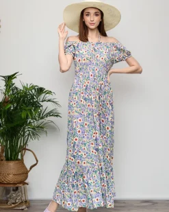 Długa letnia zielona sukienka damska w fioletowe kwiaty- Odzież