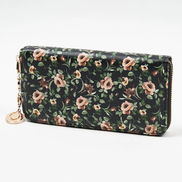Duży czarny damski portfel z kwiecistym wzorem - Akcesoria