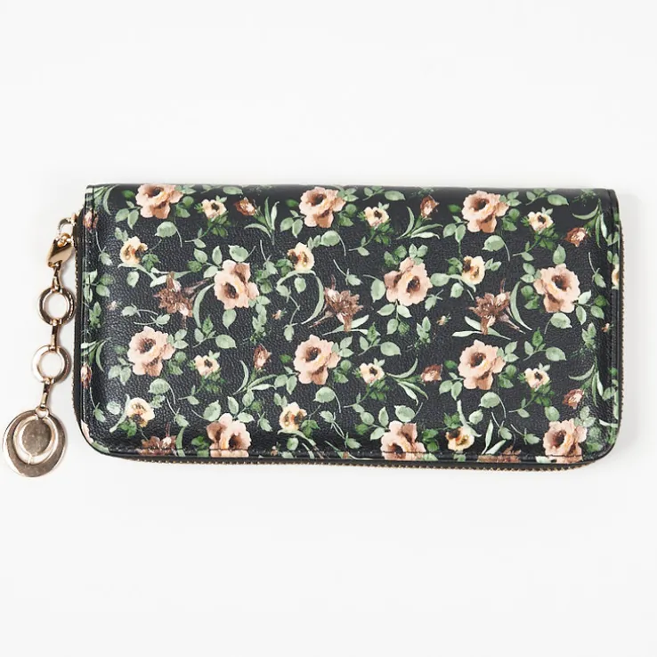 Duży czarny damski portfel z kwiecistym wzorem - Akcesoria