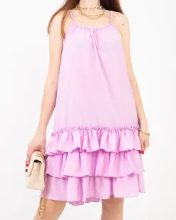 Fioletowa damska sukienka na ramiączkach z falbankami - Odzież