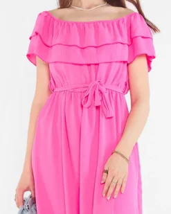 Fuksjowa damska sukienka z falbankami - Odzież
