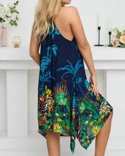 Granatowa damska letnia sukienka z motywem roślinnym- Odzież