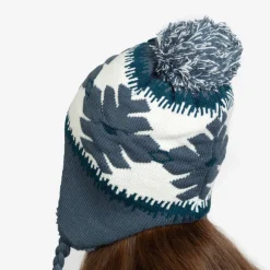 Granatowa damska ocieplana czapka w śnieżynki z pomponami - Akcesoria