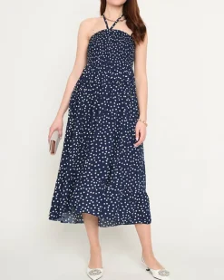 Granatowa damska sukienka midi w groszki PLUS SIZE - Odzież