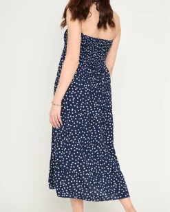 Granatowa damska sukienka midi w groszki PLUS SIZE - Odzież