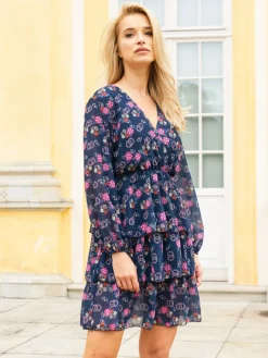 Granatowa damska sukienka w kwiaty - Odzież