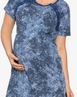 Granatowa koszula nocna ciążowa i do karmienia w kwiaty - Odzież