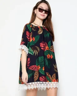 Granatowa tunika damska w kwiatki - Odzież