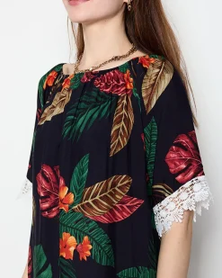 Granatowa tunika damska w kwiatki - Odzież