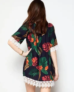 Granatowa tunika damska w kwiatki - Odzież