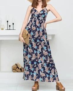 Granatowa zwiewna damska sukienka maxi - Odzież