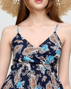 Granatowa zwiewna damska sukienka maxi - Odzież