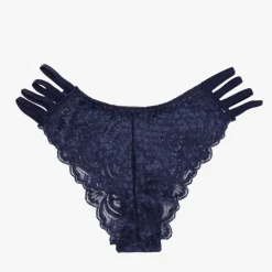 Granatowe koronkowe majtki damskie typu brazyliany z paseczkami - Bielizna