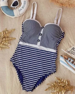 Granatowy damski jednoczęściowy strój kąpielowy w białe paseczki - Bielizna