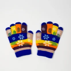 Kobaltowe dziewczęce rękawiczki z brokatem i śnieżynkami - Akcesoria