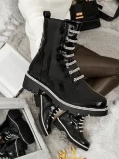 Lakierowane sznurowane botki damskie Fjorra