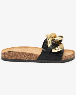 Letnie klapki Ariadne Royalfashion z dużym złotym łańcuchem, czarna skóra