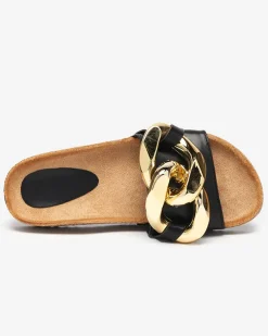 Letnie klapki Ariadne Royalfashion z dużym złotym łańcuchem, czarna skóra