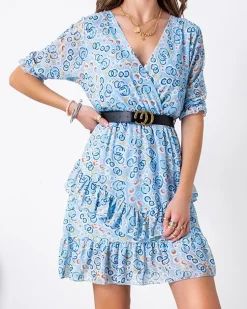 Niebieska damska mini sukienka we wzorki - Odzież