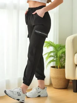 Pantaloni Elenna Sportowe Długie Czarne z Kieszonią