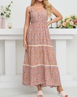 Pomarańczowa długa sukienka damska w kolorowe kwiatki - Odzież