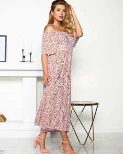 Pomarańczowo- biała sukienka maxi z kwiatowym wzorem- Odzież