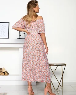 Pomarańczowo- biała sukienka maxi z kwiatowym wzorem- Odzież