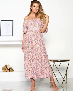 Pomarańczowo- biała sukienka maxi z kwiatowym wzorem- Odzież