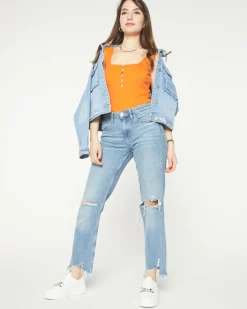 Pomarańczowy damski top z cyrkoniami a'la guziki- Odzież