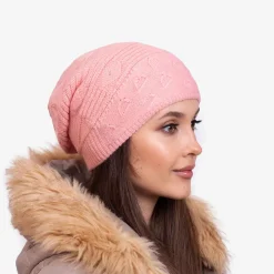 Różowa ciepła damska dwuwarstwowa czapka - Akcesoria