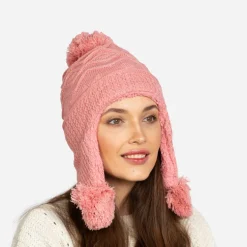 Różowa damska ocieplana czapka z pomponami - Akcesoria