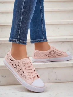 Różowe trampki damskie Tkanina Kalipso – ażurowe sneakersy na płaskiej podeszwie