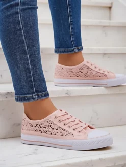 Różowe trampki damskie Tkanina Kalipso – ażurowe sneakersy na płaskiej podeszwie