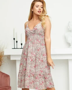 Różowo-zielona damska letnia sukienka w kwiatki - Odzież