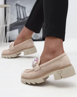 Royalfashion Ażurowe beżowe mokasyny damskie Peloga
