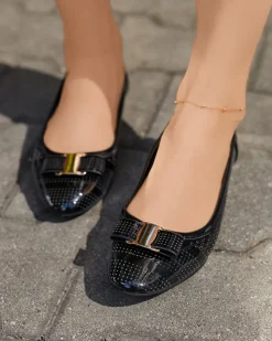 Royalfashion Ażurowe damskie czarne baleriny z kokardką Rumac