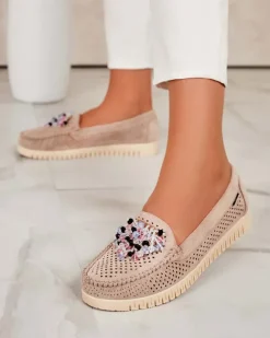 Royalfashion Ażurowe mokasyny damskie z koralikami Namis