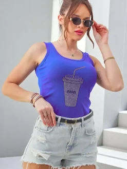 Royalfashion Bawełniana bluzka damska na ramiączkach z kubeczkiem z cyrkonii