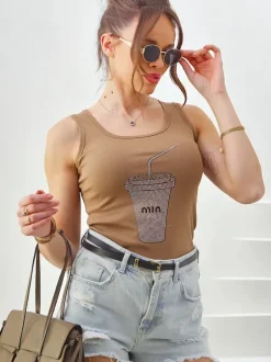 Royalfashion Bawełniana bluzka damska na ramiączkach z kubeczkiem z cyrkonii