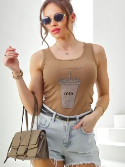 Royalfashion Bawełniana bluzka damska na ramiączkach z kubeczkiem z cyrkonii