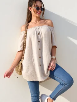 Royalfashion Bawełniana bluzka damska a'la hiszpanka z ozdobnymi guzikami