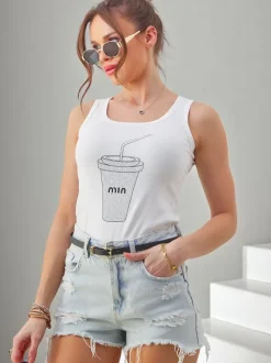 Royalfashion Bawełniana bluzka damska na ramiączkach z kubeczkiem z cyrkonii