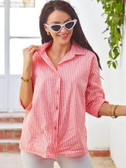 Royalfashion Bawełniana damska koszula w paski z wiązaniem na dole