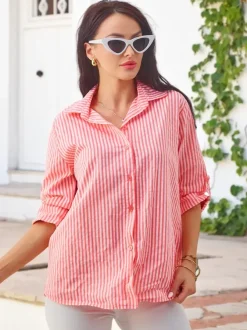 Royalfashion Bawełniana damska koszula w paski z wiązaniem na dole